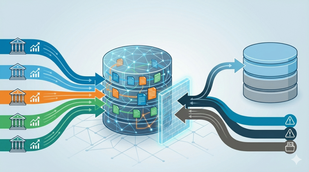 Skeem illustreerib kehtivate krediidilepingute koondumist positiivsesse krediidiregistrisse ning juba toimivat võlanõuete kajastamist maksehäireregistrites. Selline lahendus aitab vältida info dubleerimist ja tagada selge ülevaate laenutaotlejate kohustustest. | Visuaal on loodud Google Gemini abil